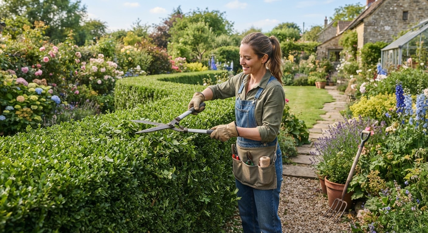 Landscaper trimming a hedge in a green garden